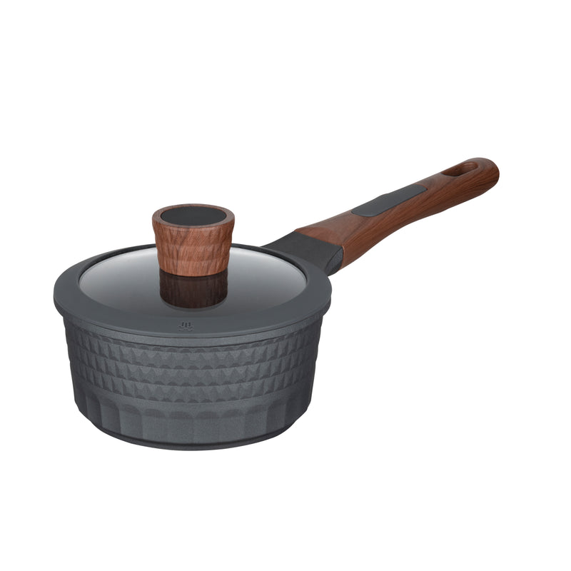 Resto Capella 16cm saucepan with its tempered glass lid, three-quarter view showing the grey 3D-textured exterior and long wood-grain handle
