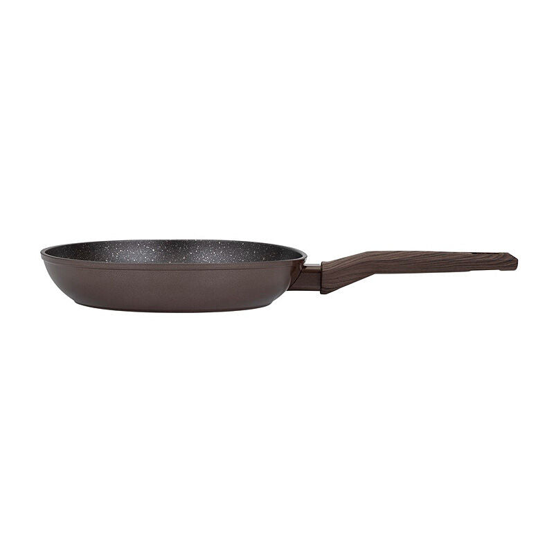 Side profile of the Resto Carina frypan showing the low bronze-brown body and angled wood-effect soft-touch handle