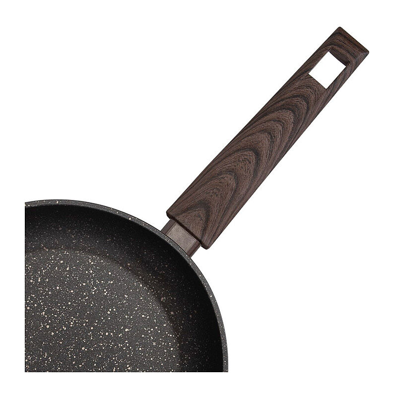 Close-up of the Resto Carina frypan showing the speckled marble-effect interior and the wood-grain pattern on the soft-touch handle