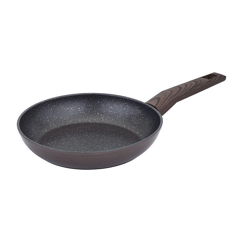 Resto Carina 24cm frypan, three-quarter view on a white background showing the dark speckled non-stick interior, bronze-brown exterior and wood-effect handle