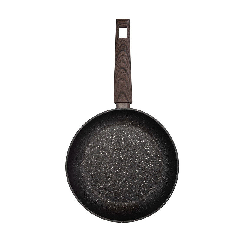 Top-down view of the Resto Carina frypan showing the dark speckled marble-effect cooking surface and handle with hanging hole