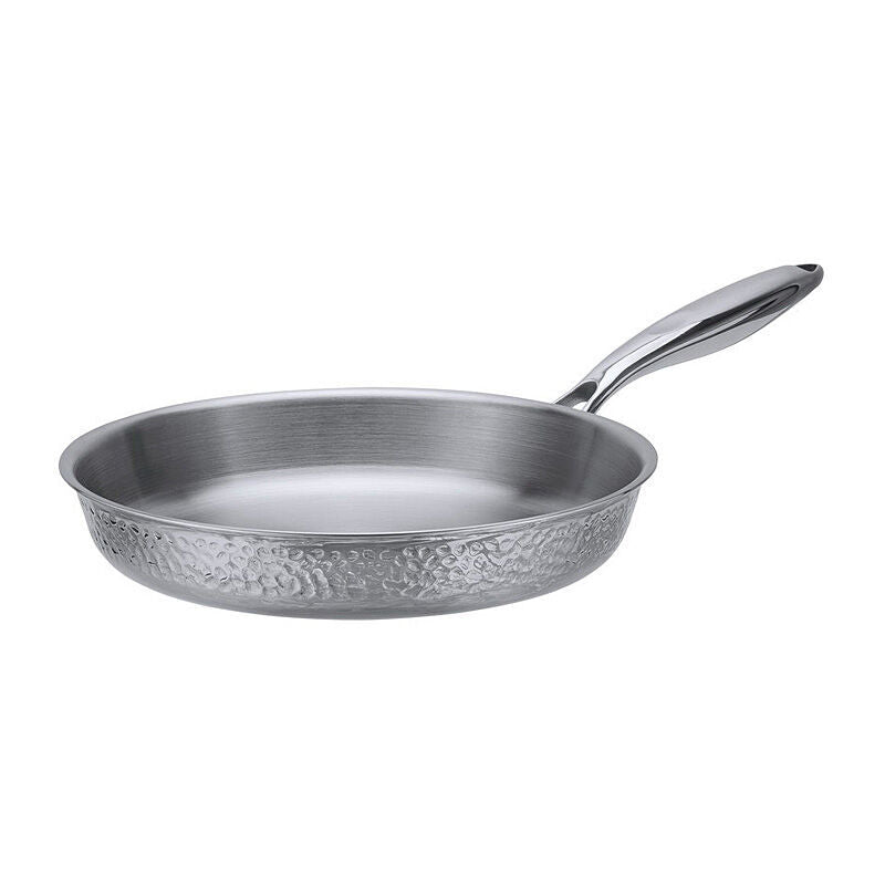 Resto Crater 24cm frypan, three-quarter view on a white background showing the hammered stainless steel exterior, polished interior and stainless steel handle