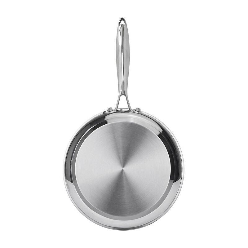 Top-down view of the Resto Crater 28cm frypan showing the uncoated stainless steel cooking surface with its circular starburst finish