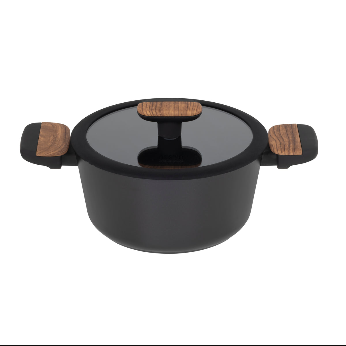 Resto Mon 20cm casserole with its tempered glass lid on, three-quarter view on a white background showing the black body and wood-like knob