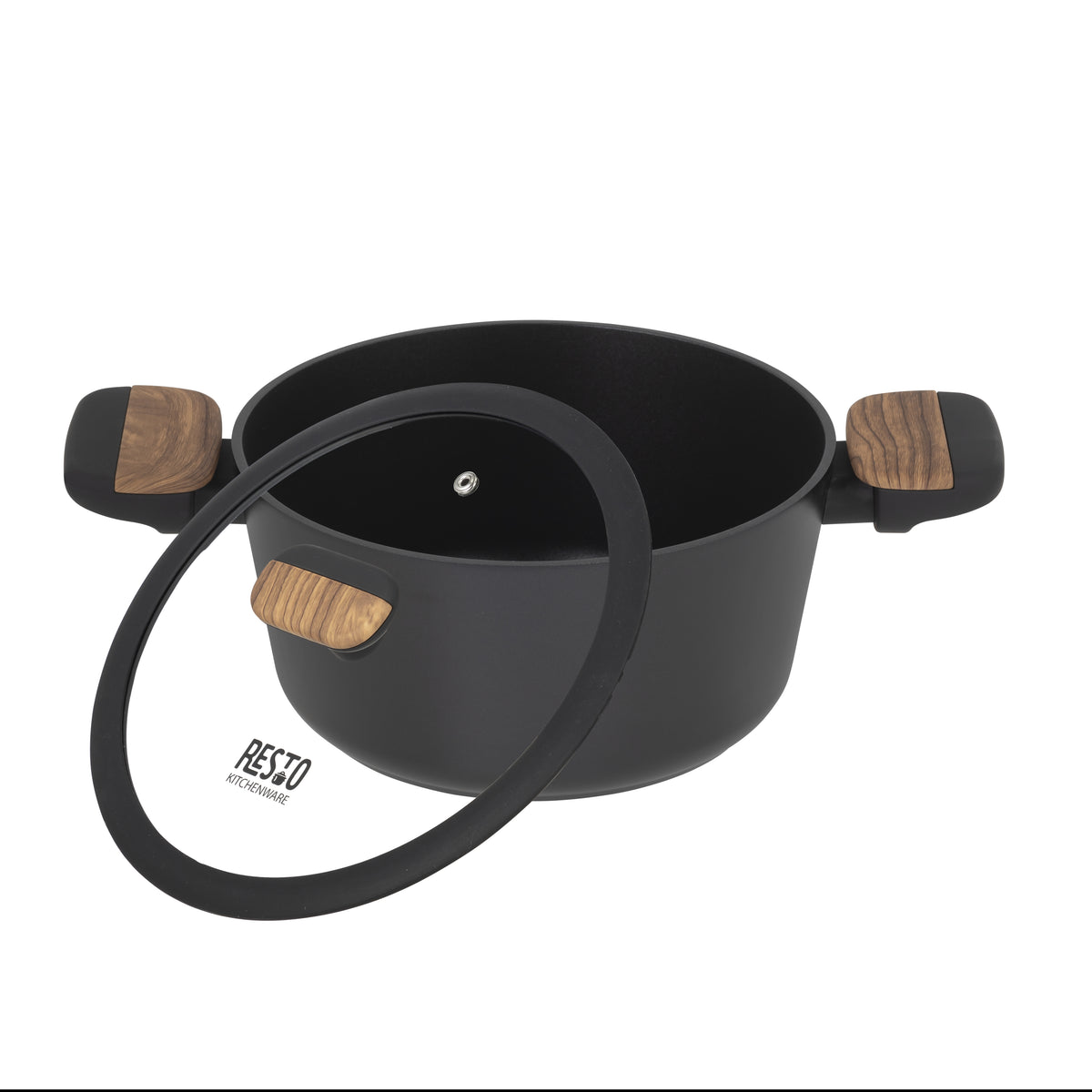 Resto Mon 20cm casserole with its tempered glass lid tilted open above the pan, showing the black interior