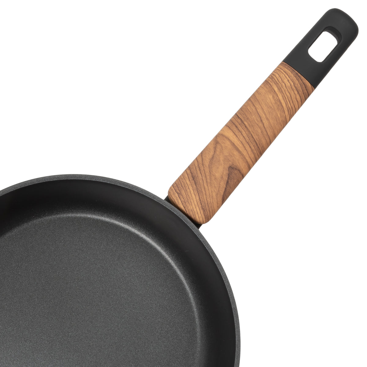Close-up of the Resto Mon soft-touch handle with its wood-like insert and hanging loop