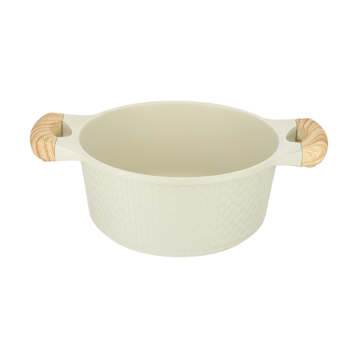 The beige Resto Ran 20cm casserole without its lid, three-quarter view into the non-stick interior