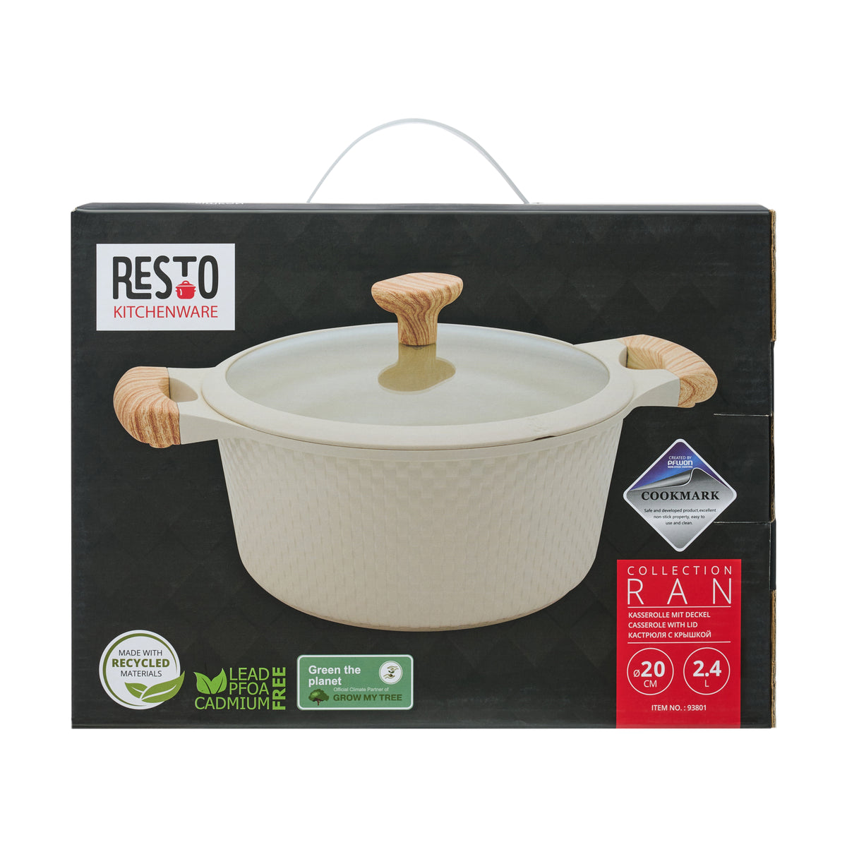 Resto gift box for the beige Ran 20cm casserole, front view with the label showing size and capacity