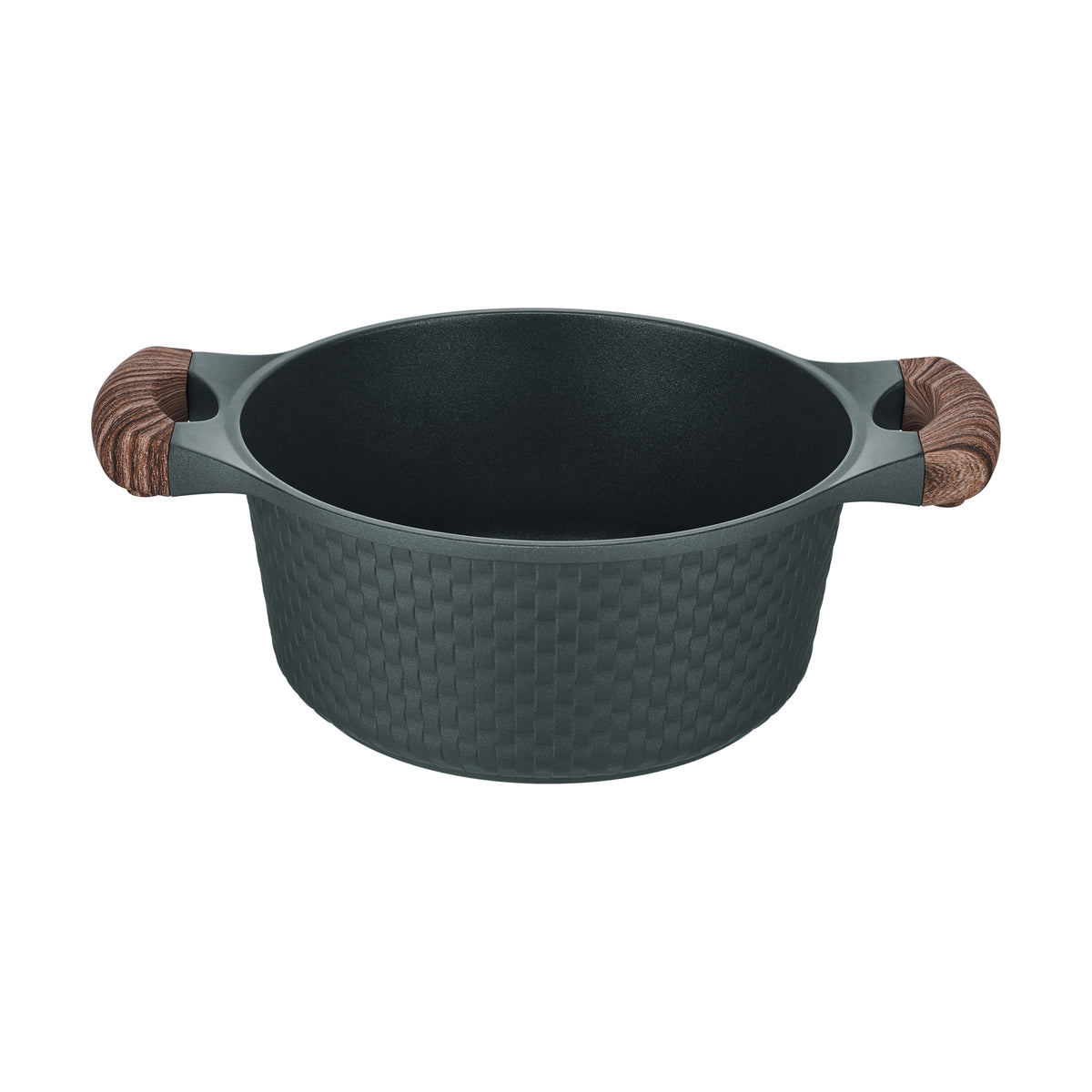 The black Resto Ran 20cm casserole without its lid, three-quarter view into the non-stick interior