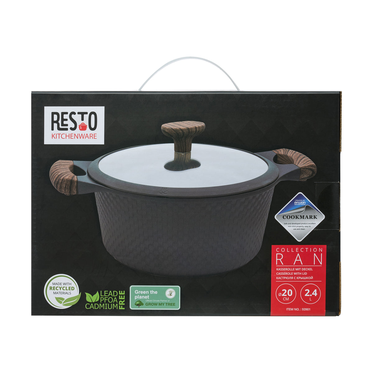 Resto gift box for the black Ran 20cm casserole, front view with the label showing size and capacity