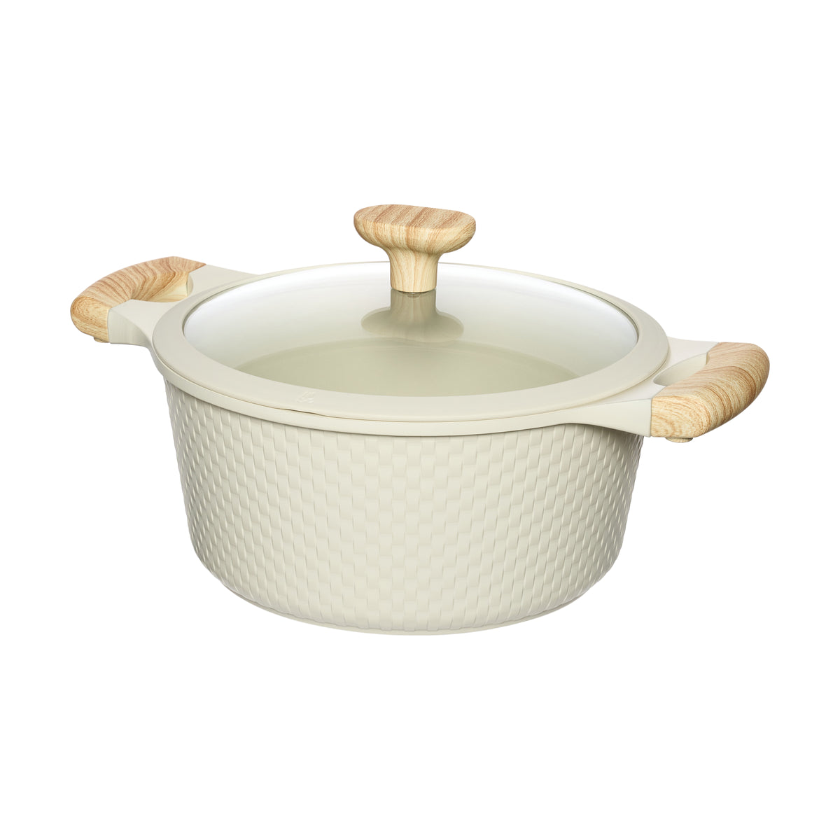 Resto Ran 24cm casserole in beige with its glass lid on, three-quarter view showing the woven-pattern exterior, the wood-grain-effect side handles and the lid knob