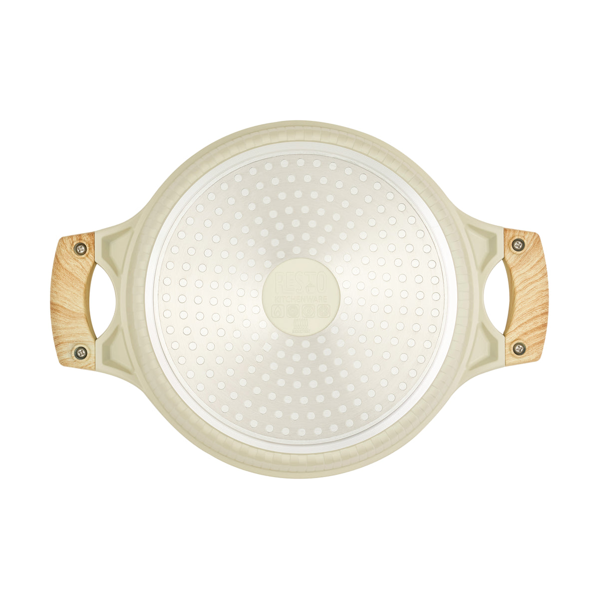 Underside of the beige Resto Ran 24cm casserole showing the induction base plate