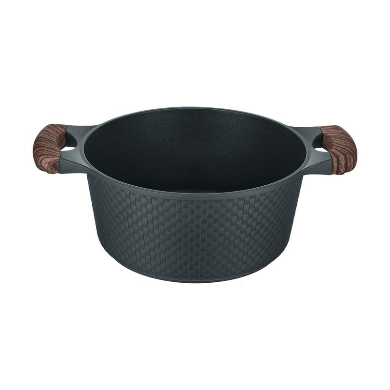 The black Resto Ran 24cm casserole without its lid, three-quarter view into the non-stick interior