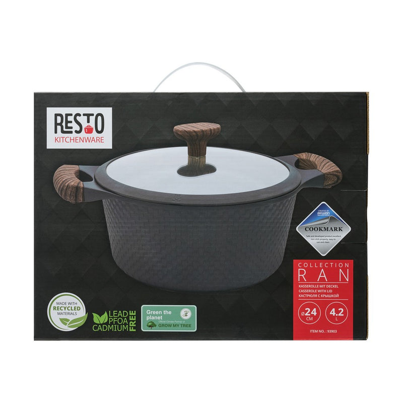 Resto gift box for the black Ran 24cm casserole, front view with the label showing size and capacity