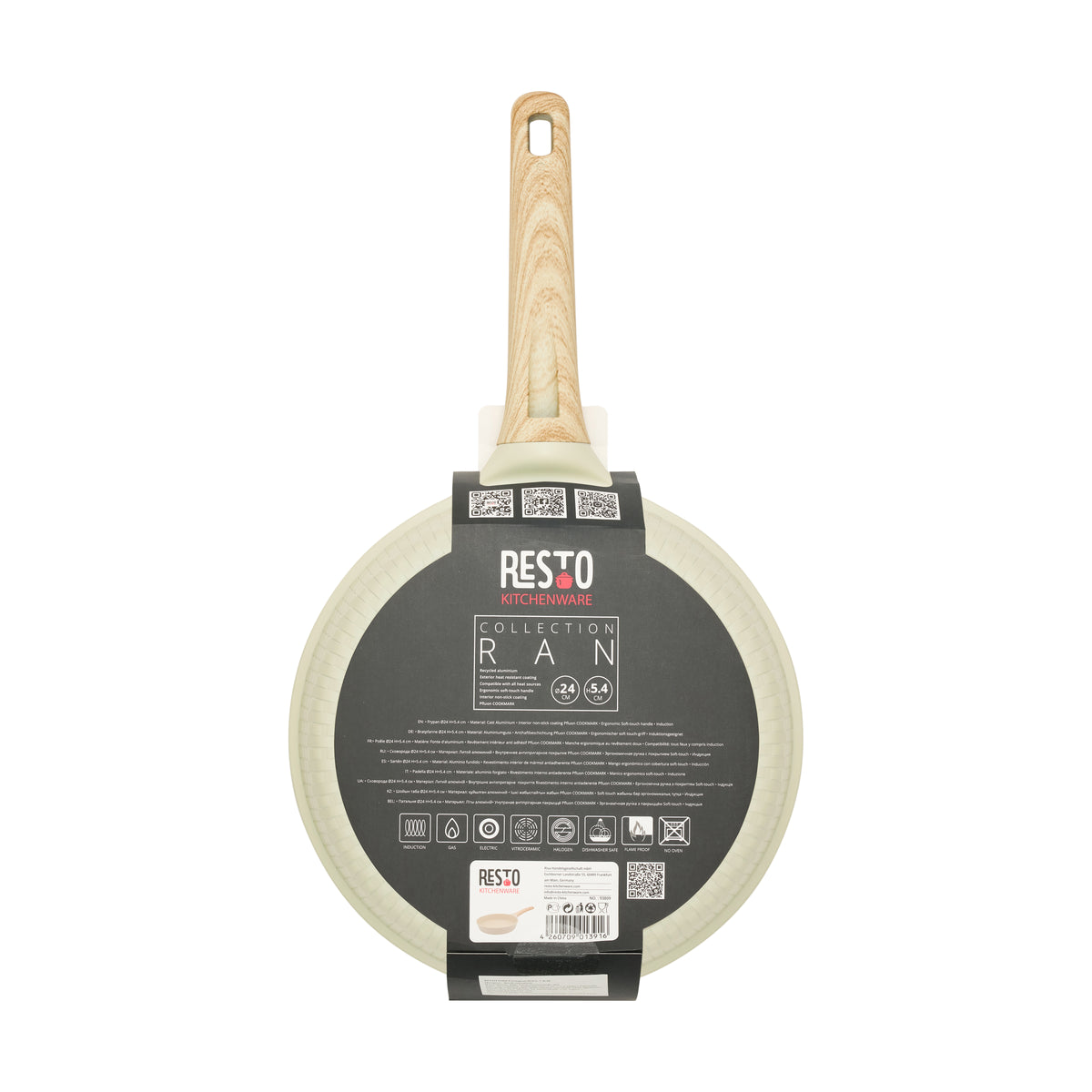 Back of the Resto paper sleeve for the beige Ran 24cm frypan, showing specifications, hob and care icons including the no oven symbol, and the barcode
