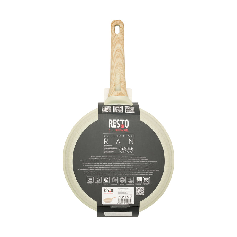 Back of the Resto paper sleeve for the beige Ran 24cm frypan, showing specifications, hob and care icons including the no oven symbol, and the barcode