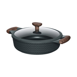 Resto Ran 28cm shallow pot in black with its glass lid on, three-quarter view showing the woven-pattern exterior, the wood-grain-effect side handles and the lid knob