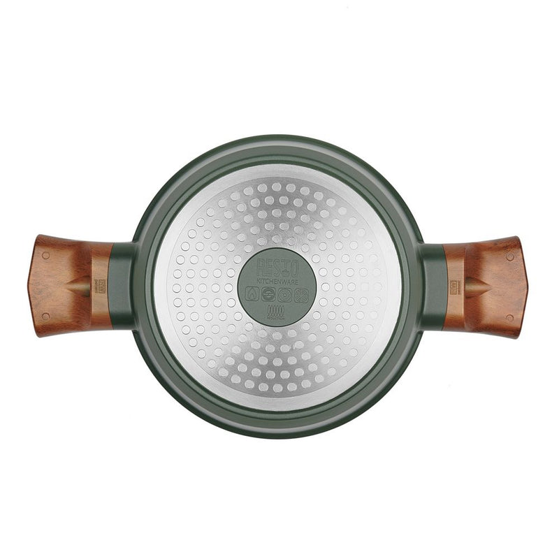 Underside of the Resto Sadr 20cm casserole, showing the induction base and the dark green exterior