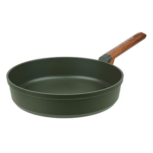 Resto Sadr 28cm frypan from a three-quarter angle, showing the dark green exterior, non-stick interior and wood-grain handle