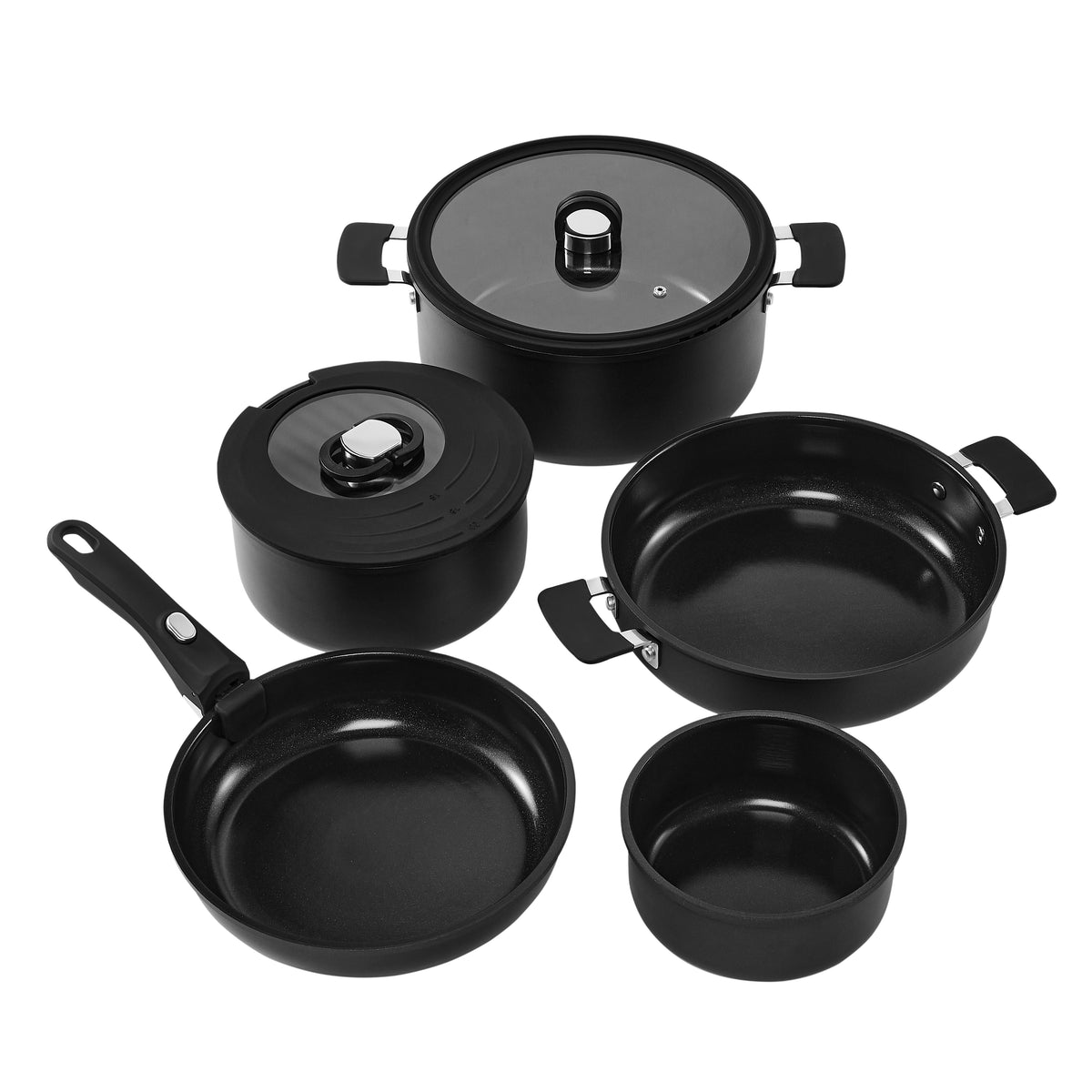 Resto Save + Stock 8 piece cookware set in black, the complete set arranged together on a white background