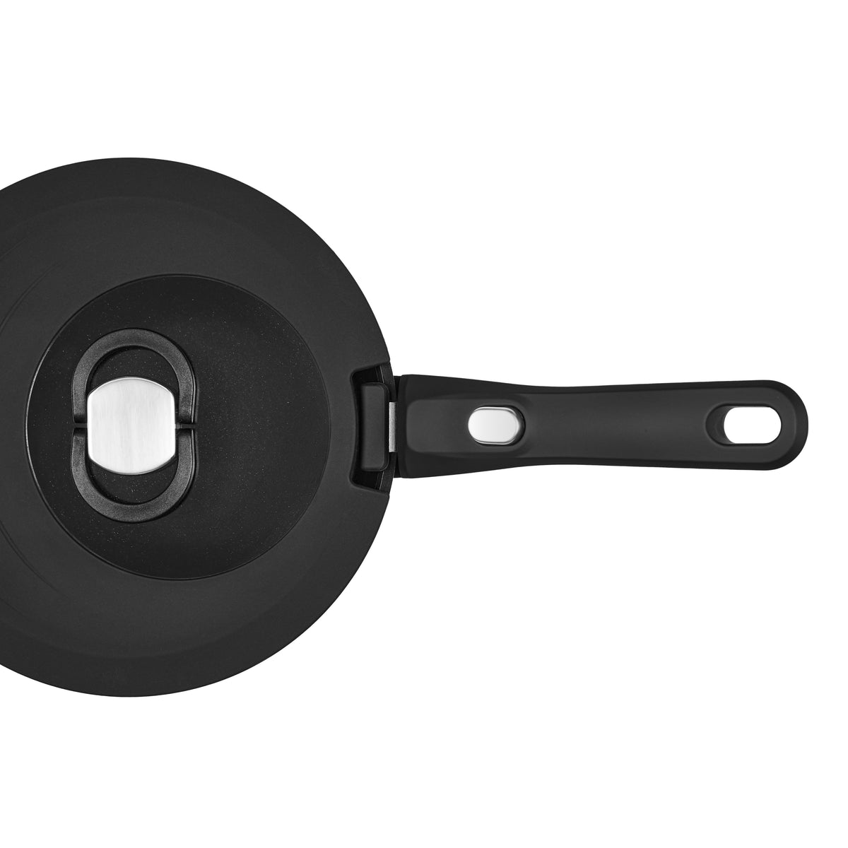 Resto Save + Stock black saucepan with the detachable handle attached and the universal 3-in-1 glass lid fitted