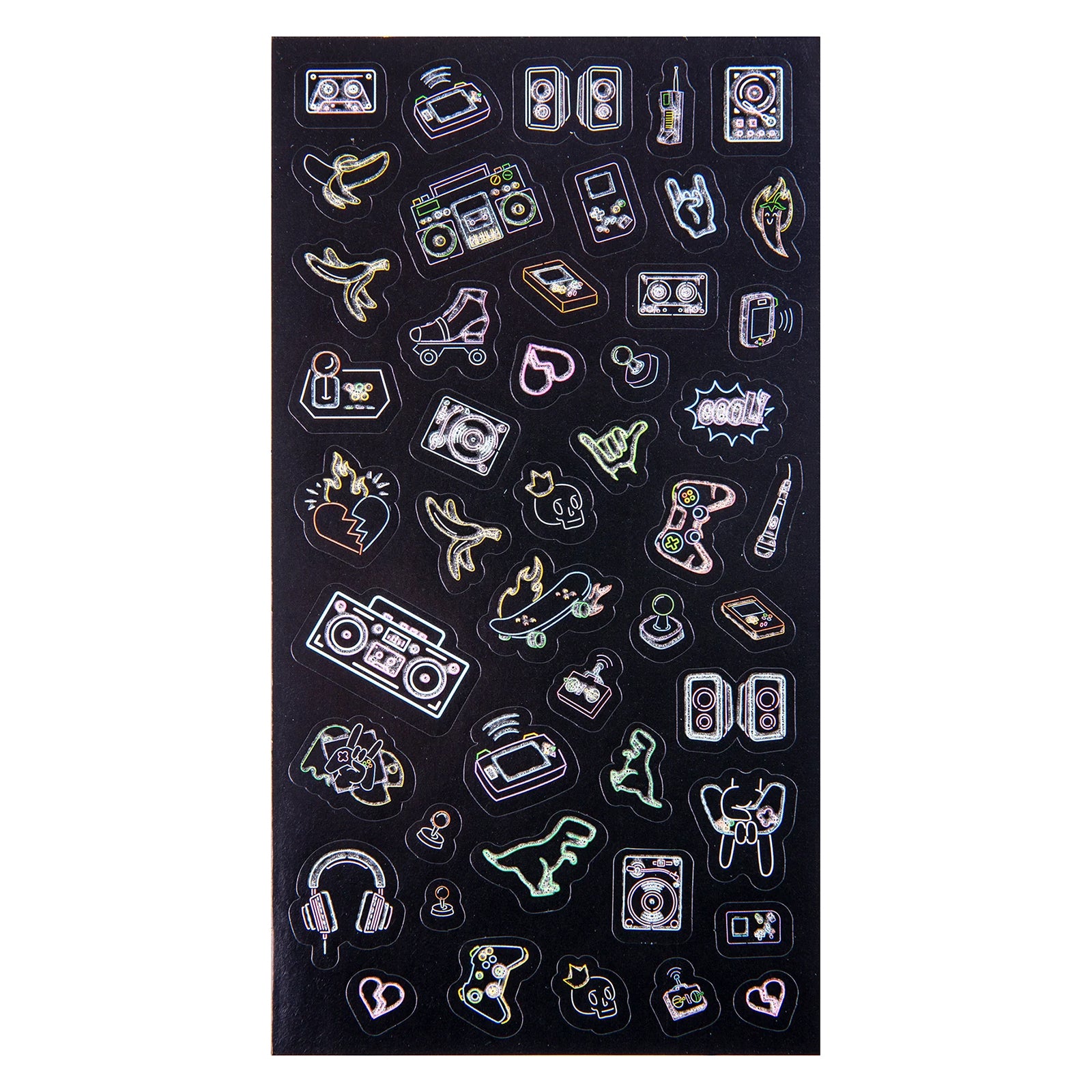 Complete sticker sheet displaying all 47 glow in the dark designs. Icons include roller skates, boom boxes, cassette tapes, game controllers, headphones, speakers, skateboards and playful retro symbols.
