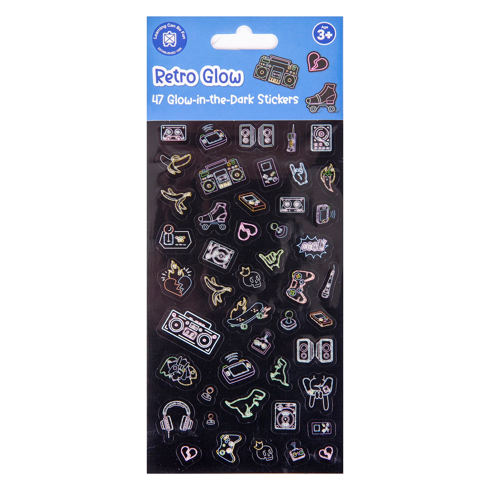 Retail packaging of the Learning Can Be Fun Retro Glow Glow Sticker Set featuring product branding, age suitability information and a preview of the nostalgic glow in the dark sticker assortment.