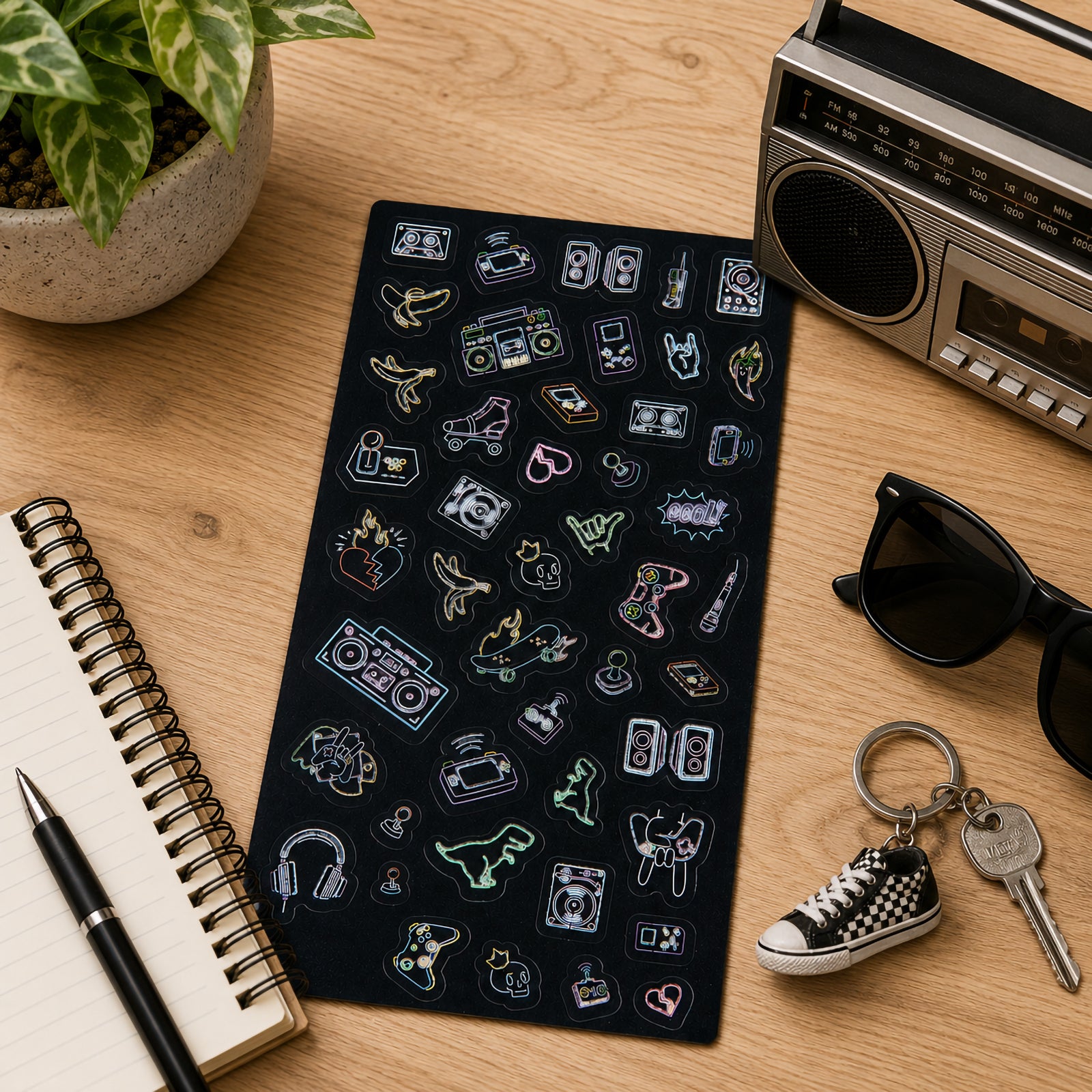 Full Retro Glow sticker sheet arranged beside sunglasses, keys and a vintage radio. The collection features nostalgic designs such as cassette tapes, arcade controls, headphones, skateboards and retro electronics.