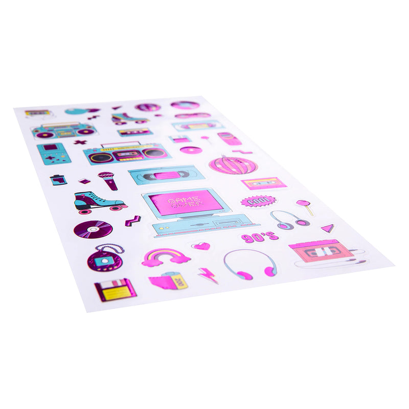 Angled view of the sticker sheet displaying the complete collection of retro holographic stickers. Designs include gaming devices, cassette tapes, disco balls, compact discs and colourful music inspired artwork.