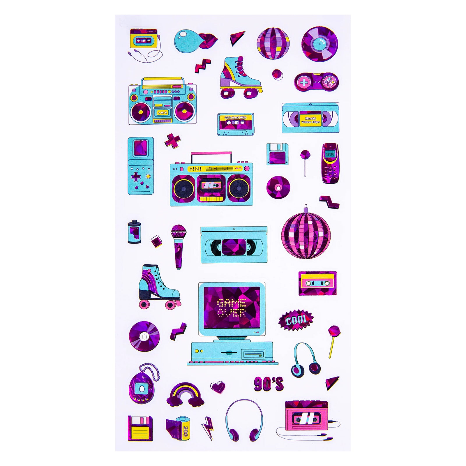 Full sticker sheet featuring 43 retro themed holographic stickers in bright purple, pink and blue colours. The assortment includes music, gaming and pop culture icons enhanced with reflective foil detailing.