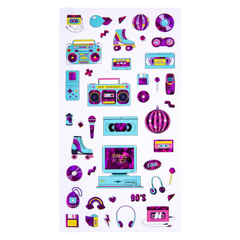 Full sticker sheet featuring 43 retro themed holographic stickers in bright purple, pink and blue colours. The assortment includes music, gaming and pop culture icons enhanced with reflective foil detailing.
