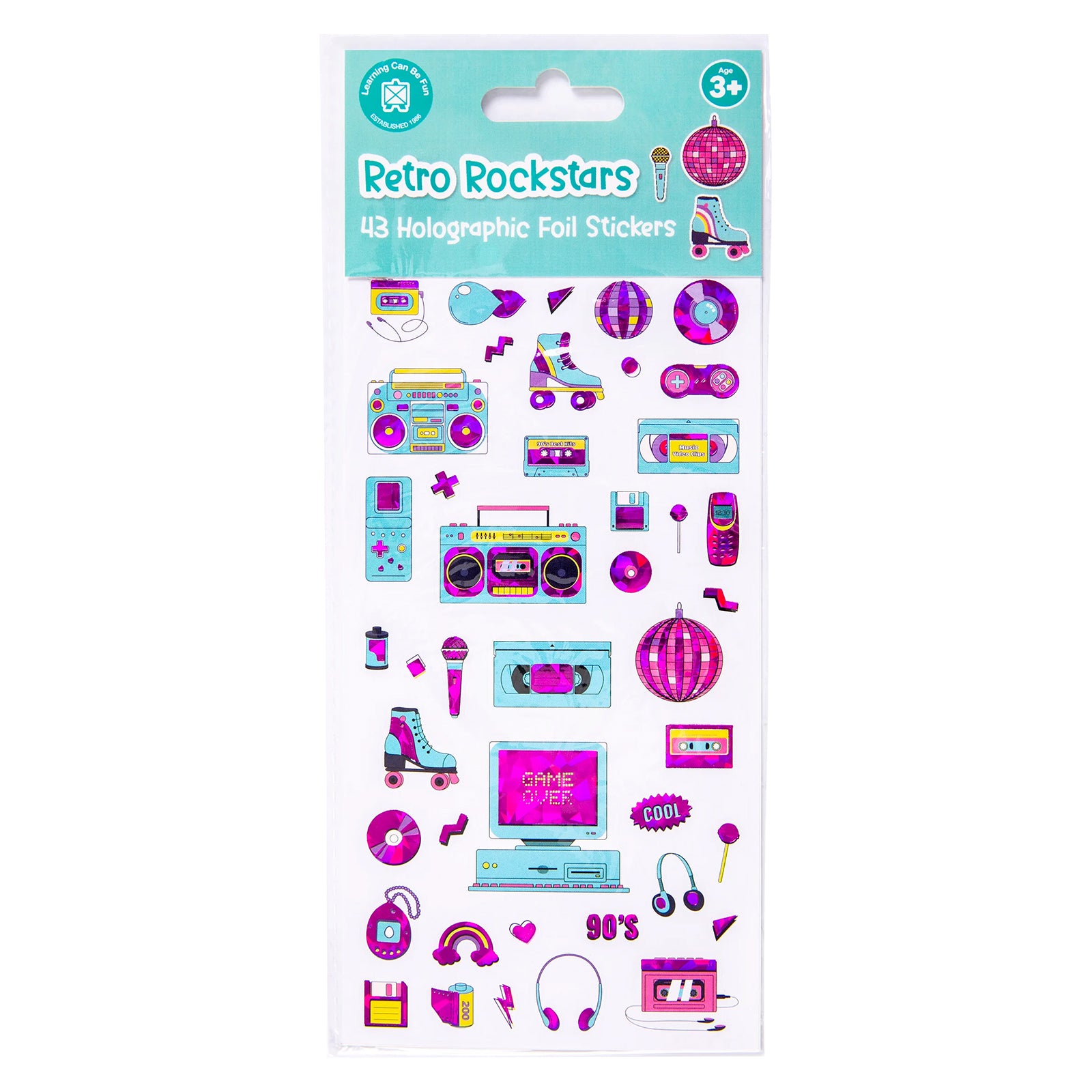 Retail packaging of the Learning Can Be Fun Retro Rockstars Holographic Sticker Set containing 43 holographic foil stickers with nostalgic 1990s inspired designs suitable for creative decorating activities.