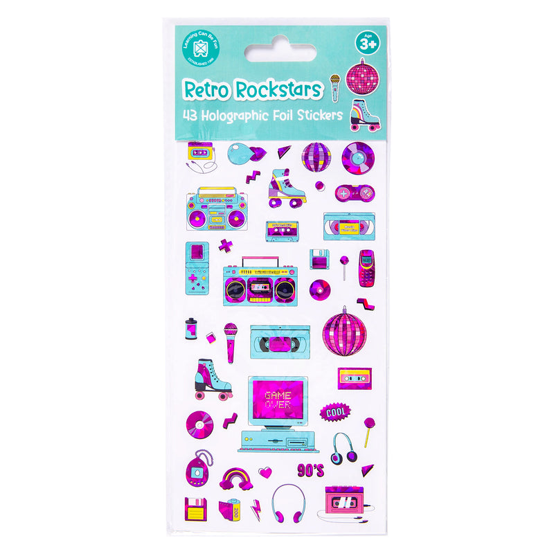 Retail packaging of the Learning Can Be Fun Retro Rockstars Holographic Sticker Set containing 43 holographic foil stickers with nostalgic 1990s inspired designs suitable for creative decorating activities.