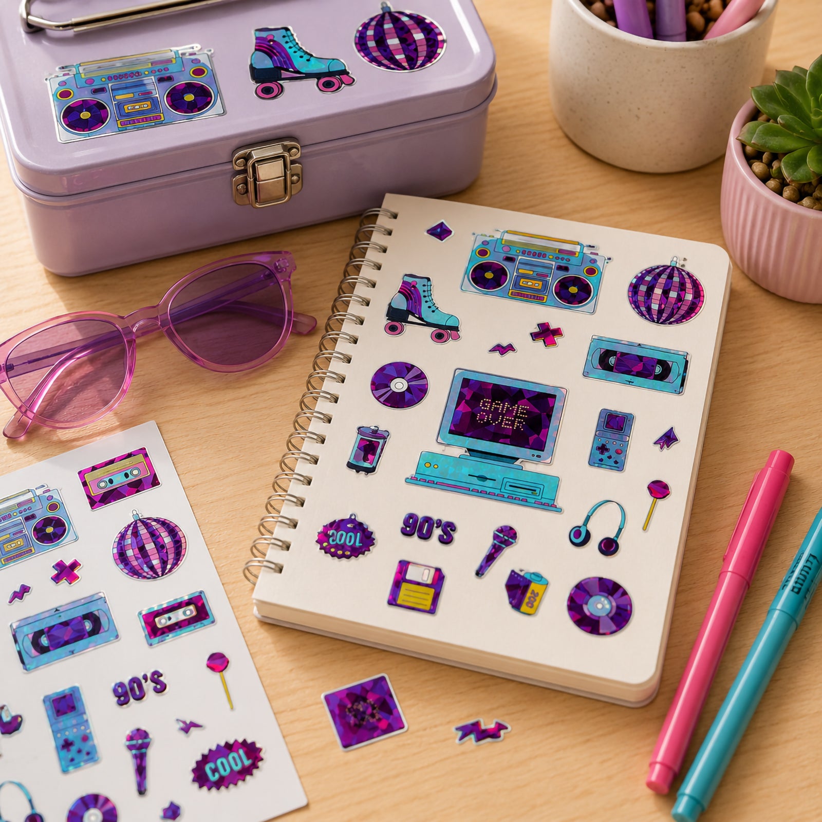Retro themed holographic stickers applied to a notebook and storage tin surrounded by colourful stationery. The collection features iconic 1990s imagery including microphones, roller skates, boomboxes and music themed graphics.