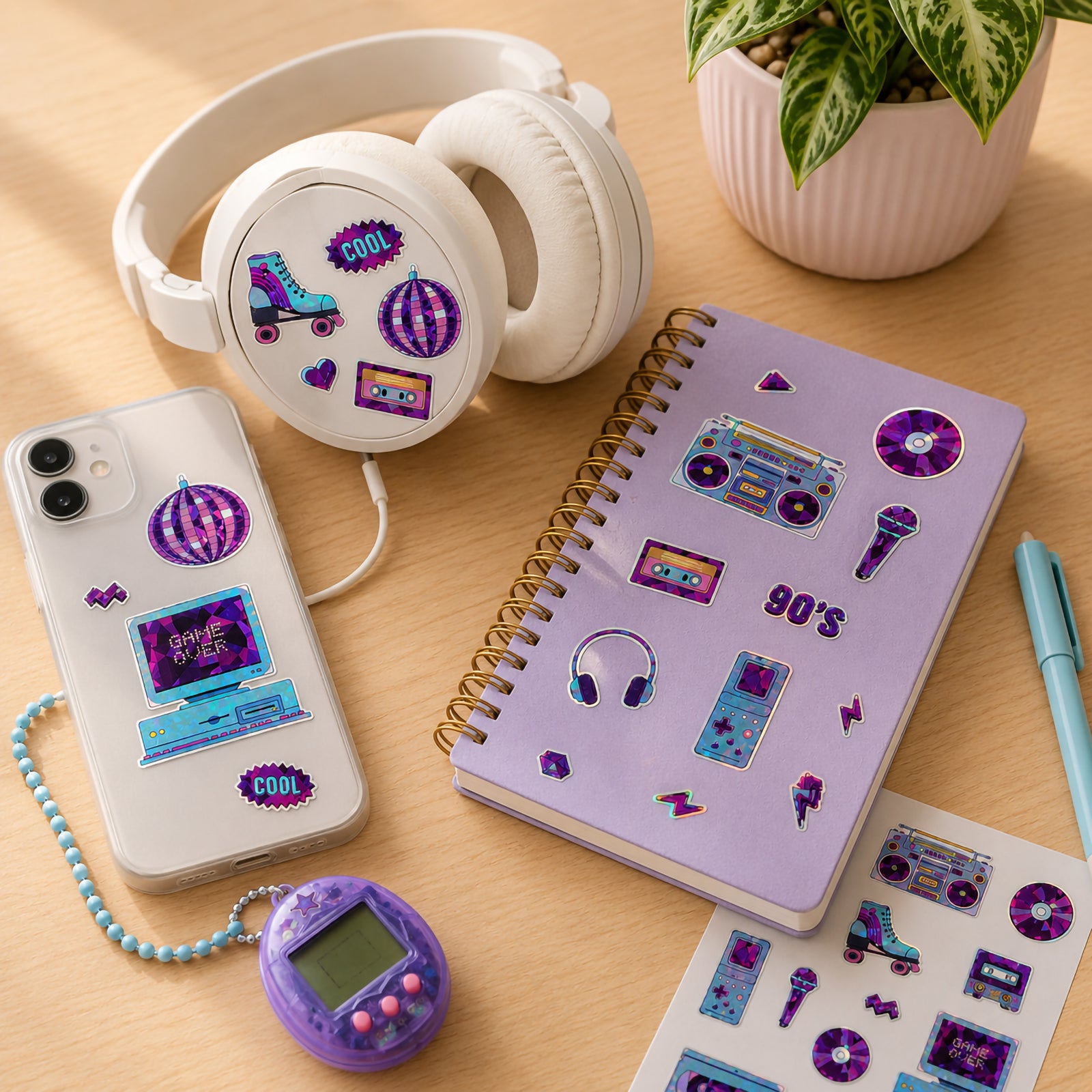 Assorted retro stickers decorating headphones, a smartphone case and a spiral notebook. Bright holographic designs including disco balls, cassette tapes, headphones and gaming graphics showcase nostalgic pop culture inspiration.