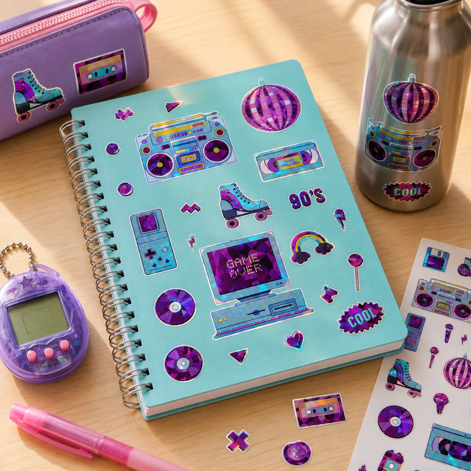 Retro holographic stickers displayed on a notebook, pencil case and drink bottle featuring colourful boomboxes, cassette tapes, roller skates, disco balls and gaming icons. The shimmering foil finish creates vibrant reflections that capture classic 1990s style.