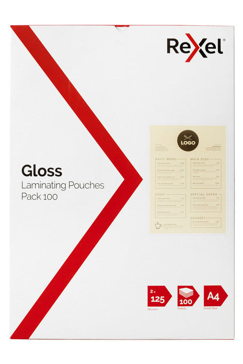 Rexel A4 125 Micron Gloss Laminating Pouches pack of 100 front view