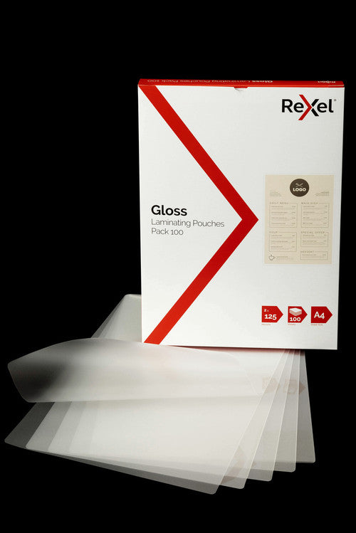 Close-up of Rexel laminating pouch showing high gloss clear finish