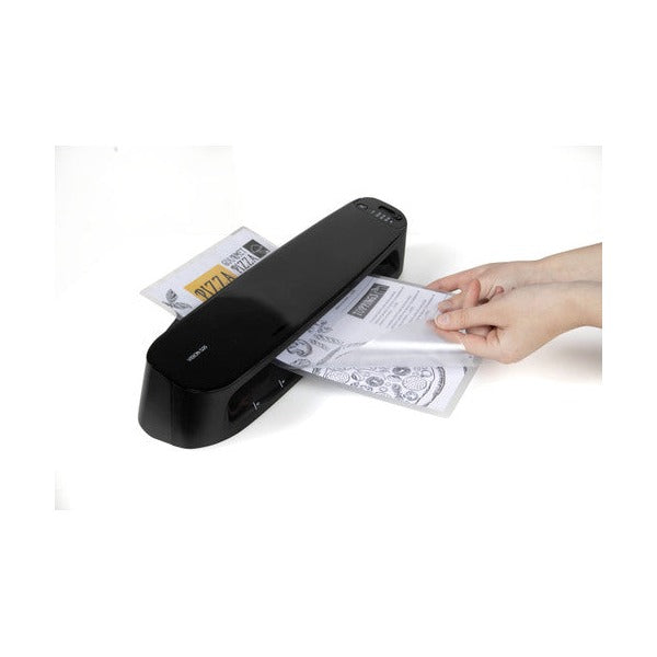 Stack of Rexel A4 laminating pouches fanned out on white background