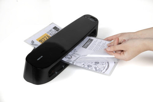 Stack of Rexel A4 laminating pouches fanned out on white background