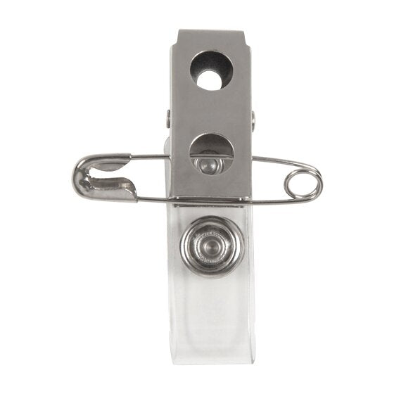 Single Rexel badge fitting close up on white, a metal strap clip with two slots, a swing out safety pin behind it and a clear plastic strap closed by a press stud.