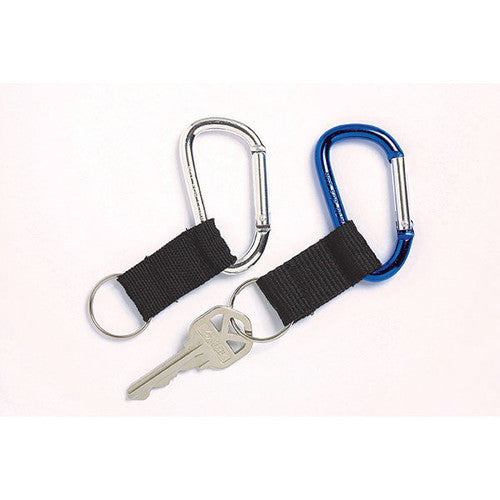 Two Rexel carabiner key rings on a pale background, one silver and one blue, each with a black fabric strap and a silver split ring, with a single key on the silver one.