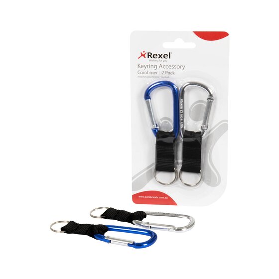 Rexel carabiner two pack on its card, printed Keyring Accessory Carabiner 2 Pack, with a blue and a silver carabiner under the blister and a loose pair shown below.