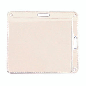 Rexel clear soft card pouch, almost square, with a slot and punch holes on the top edge and a second slot on the right hand side