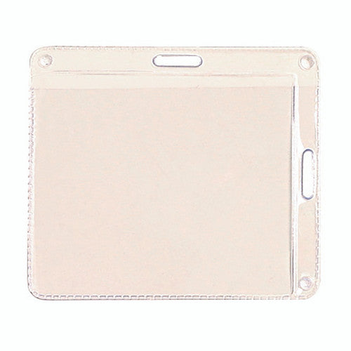 Rexel clear soft card pouch, almost square, with a slot and punch holes on the top edge and a second slot on the right hand side