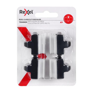 Rexel ClassicCut Fixed Blade Trimmer blister card holding four blades, marked 4x