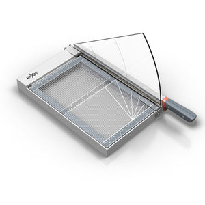 Rexel ClassicCut glass guillotine at an angle with the clear guard raised