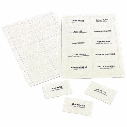 Sheets of white Rexel convention badge insert cards printed with sample names and titles, three cards separated in front