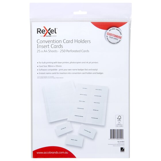 Rexel Convention Card Holders Insert Cards pack front reading 25 x A4 Sheets, 250 Perforated Cards