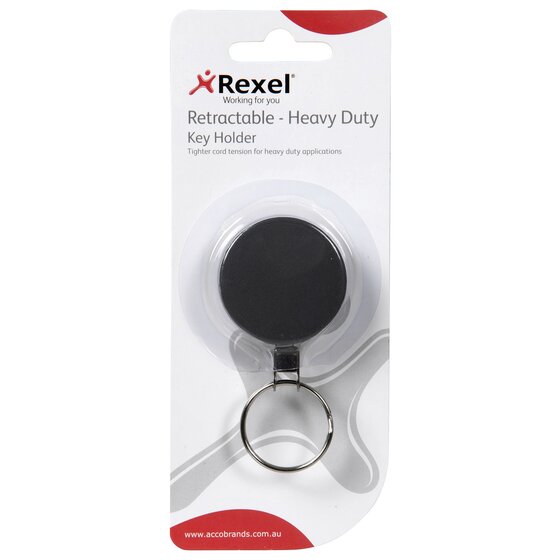 Rexel blister card for the heavy duty key holder, printed Retractable - Heavy Duty Key Holder and tighter cord tension for heavy duty applications, with a black reel sealed under the blister.
